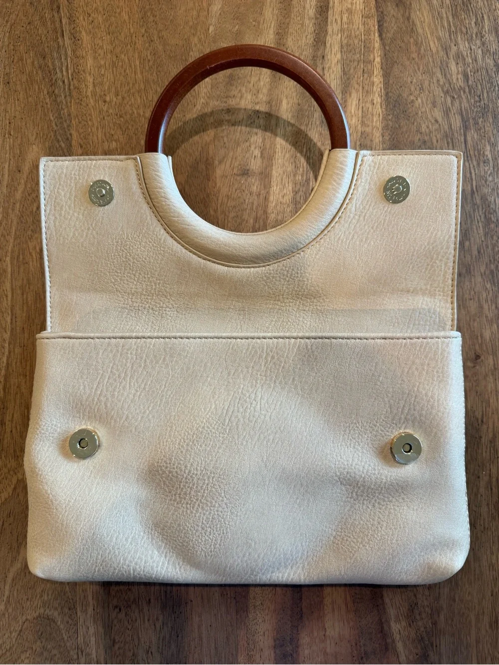 NWOT Kaari Blue Cream Clutch with Wood-Tone Ring Handle